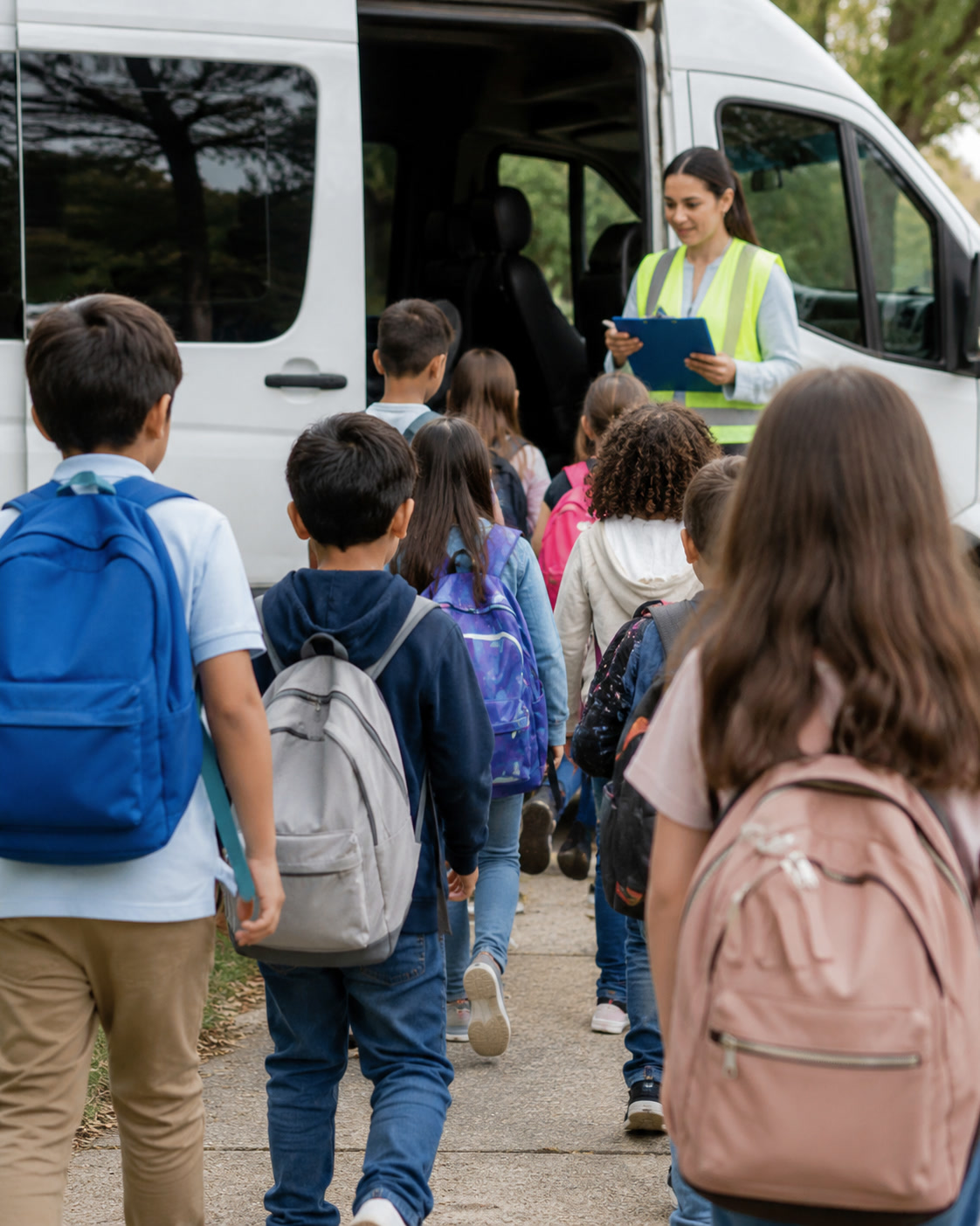 Children with backpacks walking to a Main Street van while the driver checks them in