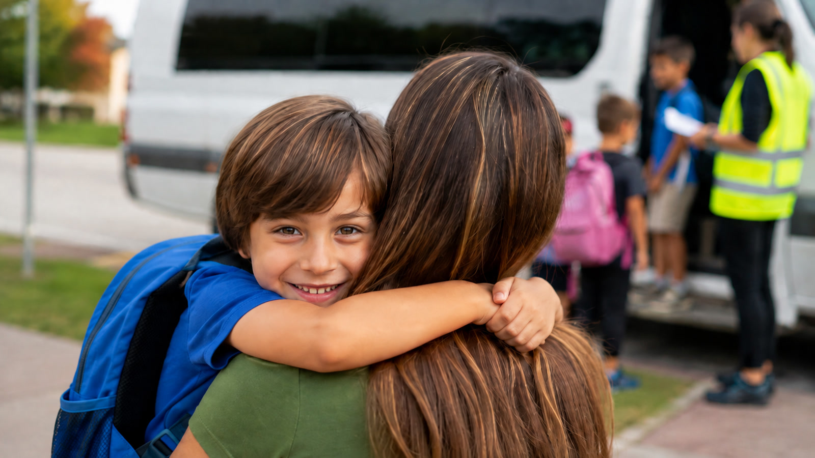 A child hugging a parent at school pickup