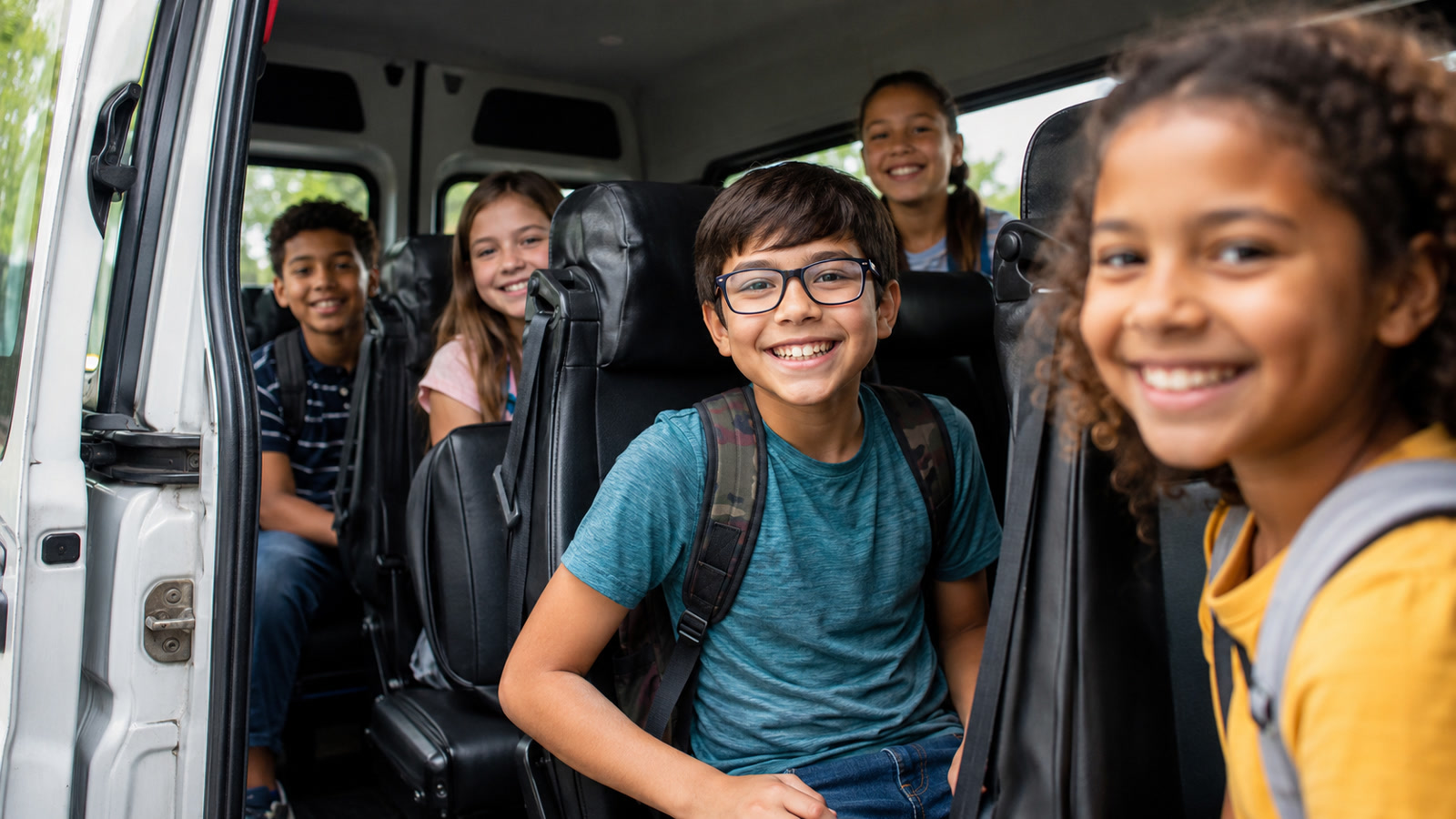 Smiling students riding in a Main Street van