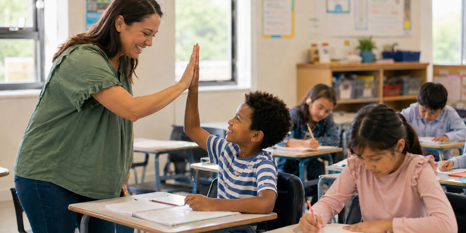 A teacher high-fiving a smiling student in a classroom